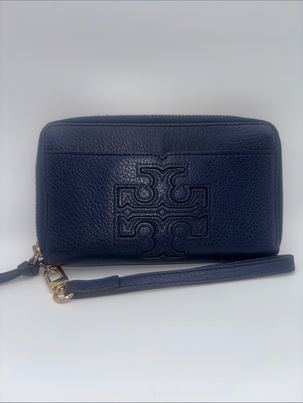 Tory Burch Navy Pebbled Leather Wristlet with Gold Hardware